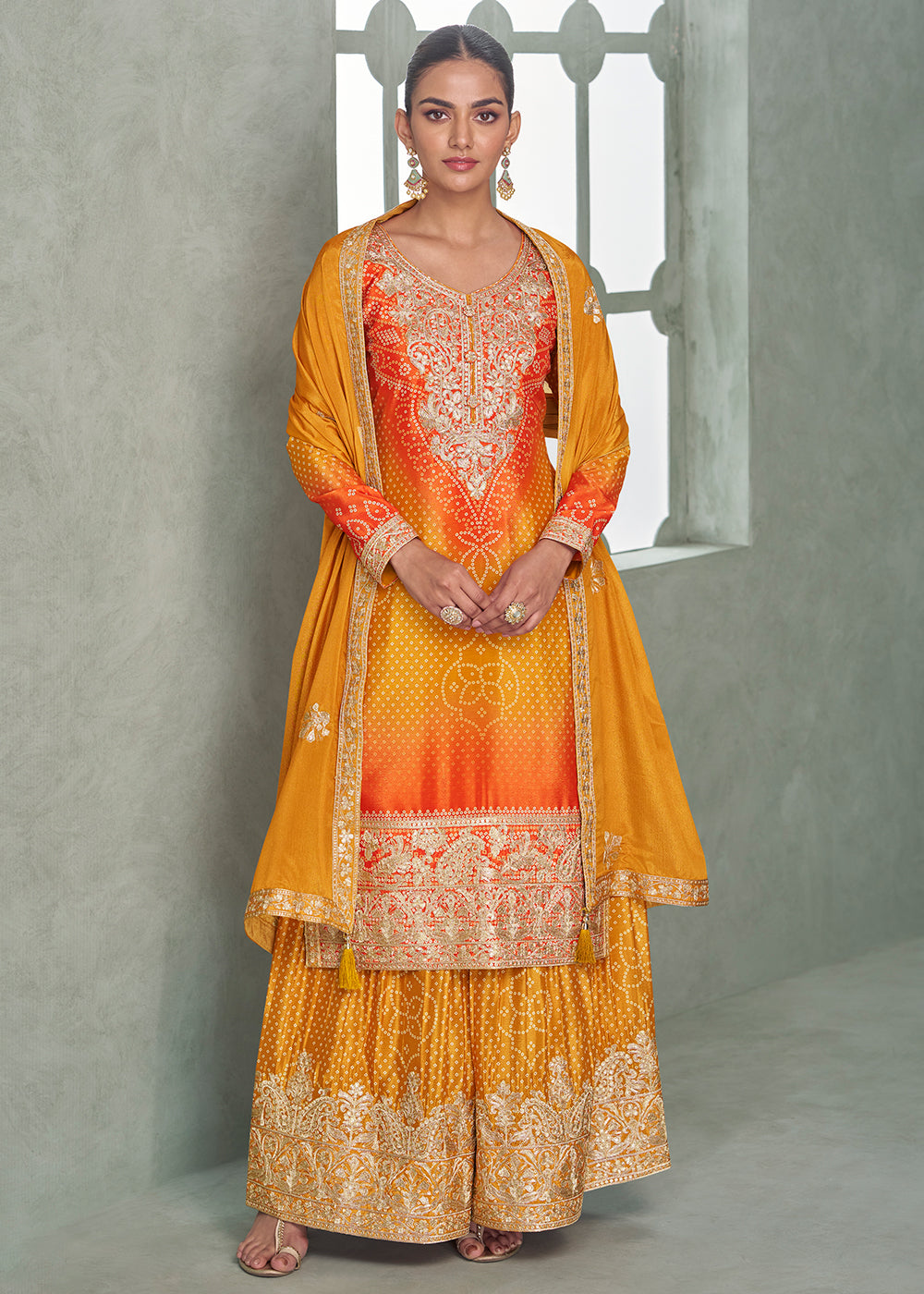 Buy Now Premium Ombre Yellow & Orange Festive Style Palazzo Suit Online in Newark, Yorktown, Toronto, London, Orlando, Munich, Chicago & Worldwide at Empress.