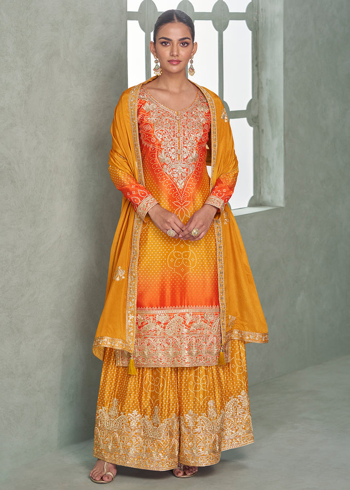 Buy Now Premium Ombre Yellow & Orange Festive Style Palazzo Suit Online in Newark, Yorktown, Toronto, London, Orlando, Munich, Chicago & Worldwide at Empress.
