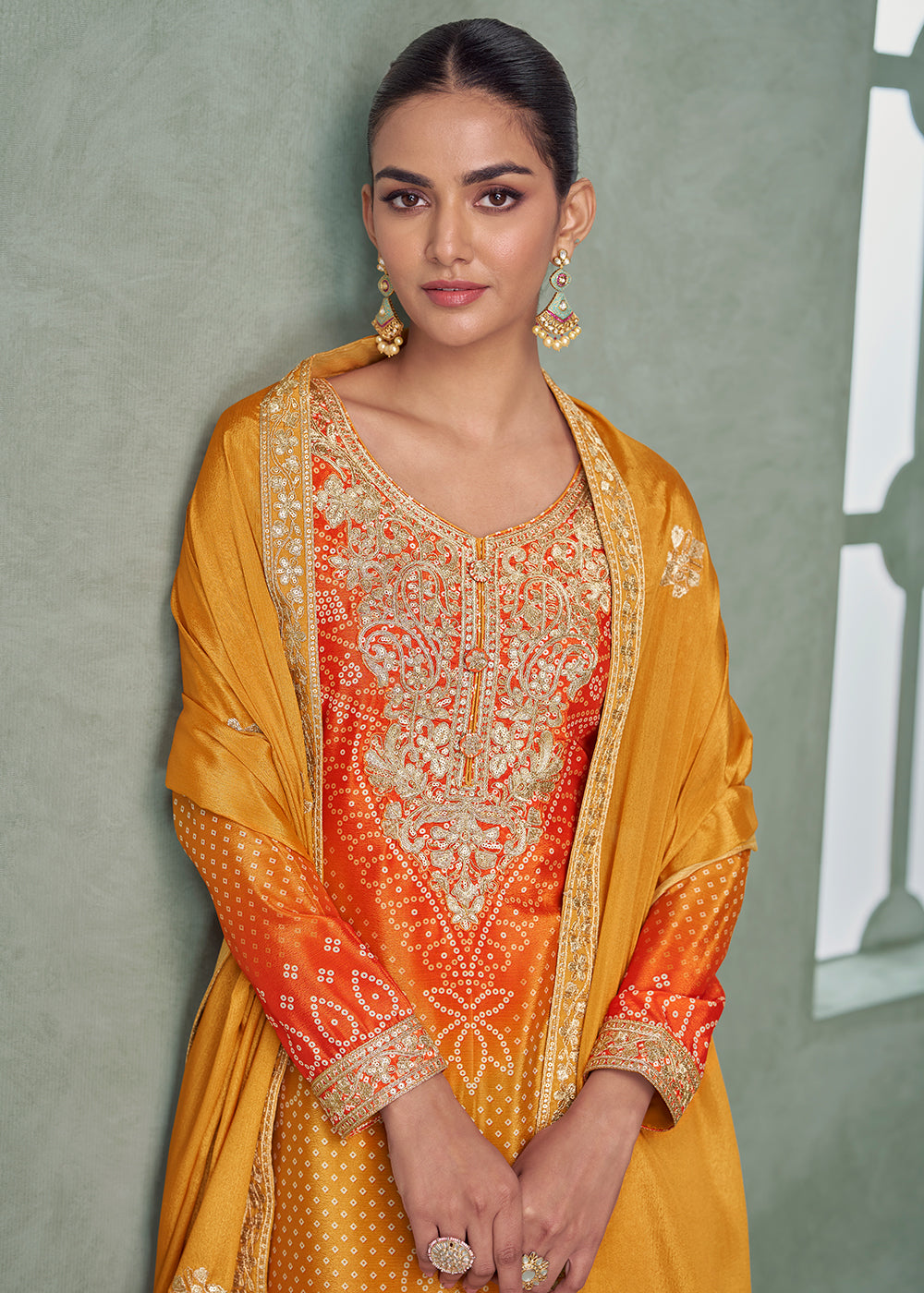 Buy Now Premium Ombre Yellow & Orange Festive Style Palazzo Suit Online in Newark, Yorktown, Toronto, London, Orlando, Munich, Chicago & Worldwide at Empress.