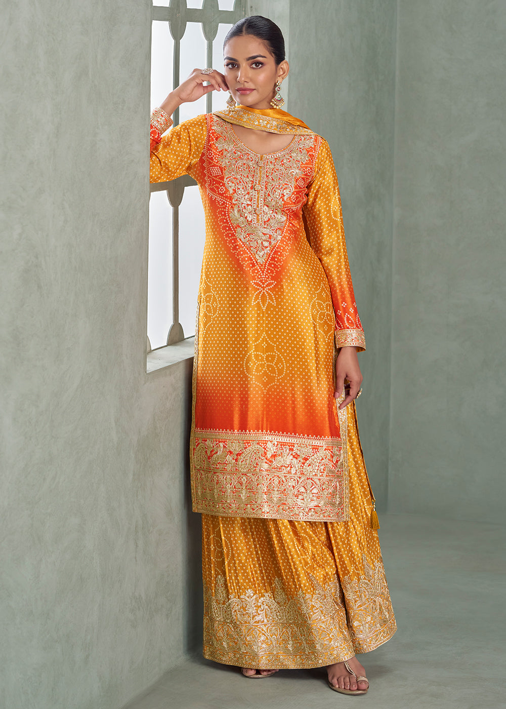 Buy Now Premium Ombre Yellow & Orange Festive Style Palazzo Suit Online in Newark, Yorktown, Toronto, London, Orlando, Munich, Chicago & Worldwide at Empress.