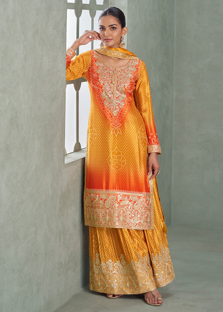 Buy Now Premium Ombre Yellow & Orange Festive Style Palazzo Suit Online in Newark, Yorktown, Toronto, London, Orlando, Munich, Chicago & Worldwide at Empress.