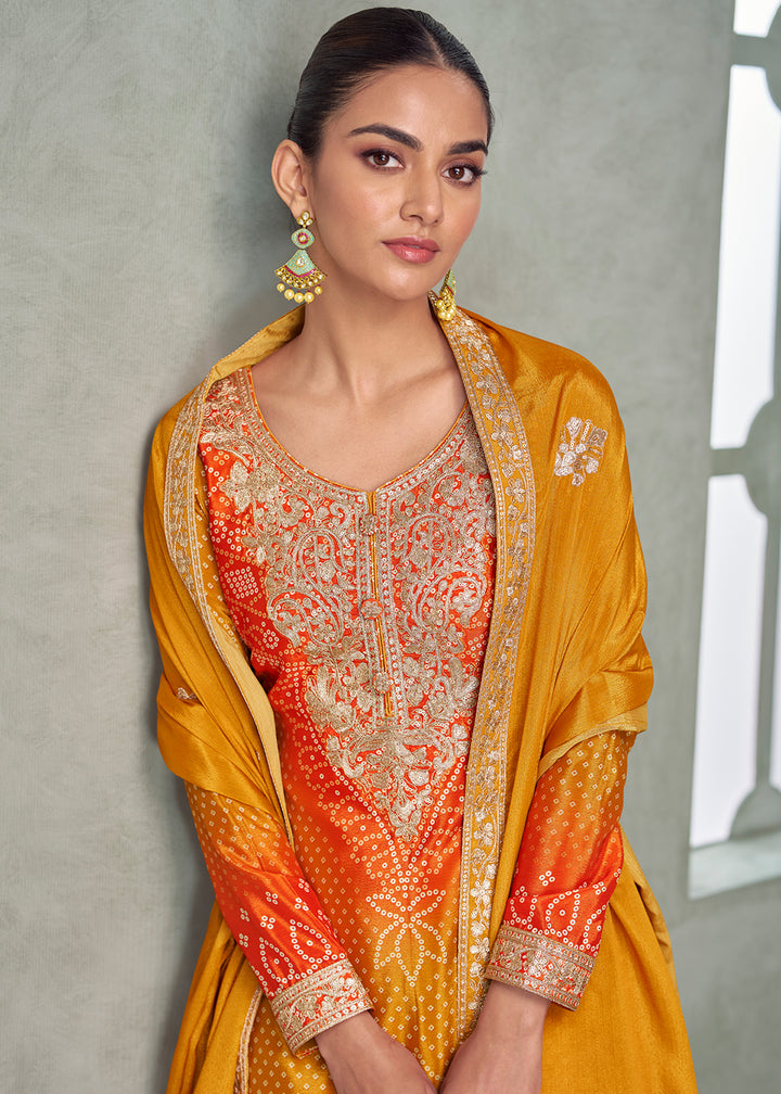 Buy Now Premium Ombre Yellow & Orange Festive Style Palazzo Suit Online in Newark, Yorktown, Toronto, London, Orlando, Munich, Chicago & Worldwide at Empress.