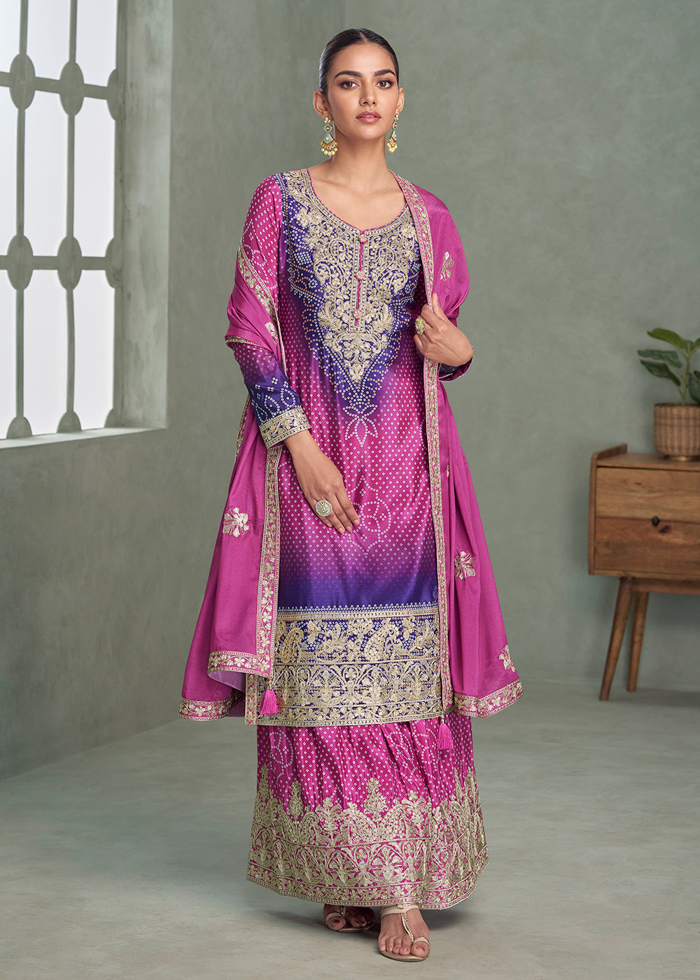 Buy Now Premium Ombre Pink & Purple Festive Style Palazzo Suit Online in Newark, Yorktown, Toronto, London, Orlando, Munich, Chicago & Worldwide at Empress.