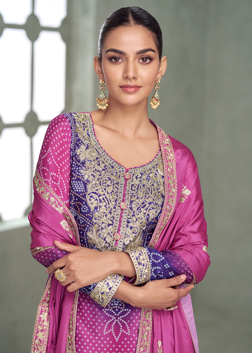 Buy Now Premium Ombre Pink & Purple Festive Style Palazzo Suit Online in Newark, Yorktown, Toronto, London, Orlando, Munich, Chicago & Worldwide at Empress.