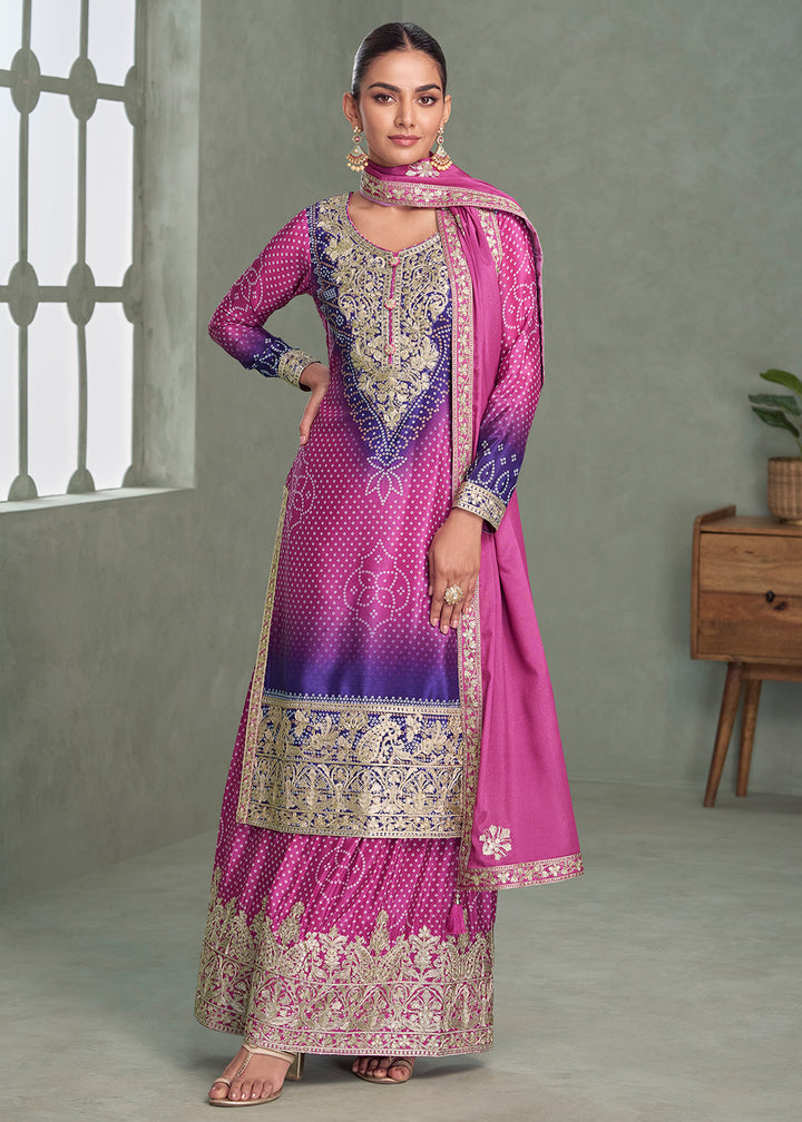 Buy Now Premium Ombre Pink & Purple Festive Style Palazzo Suit Online in Newark, Yorktown, Toronto, London, Orlando, Munich, Chicago & Worldwide at Empress.