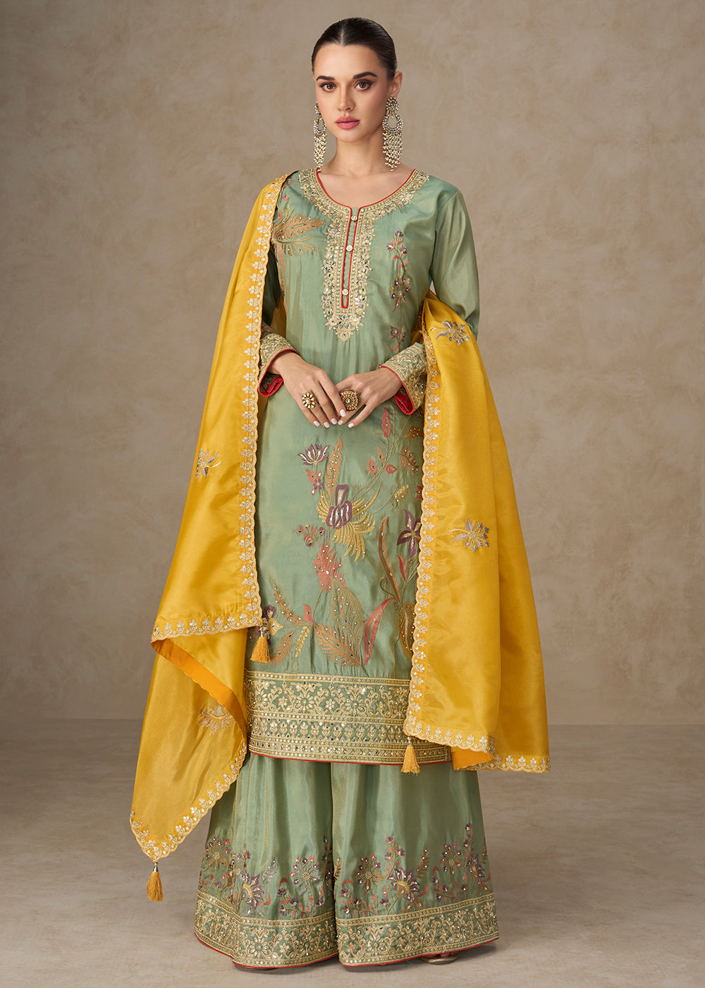 Buy Now Premium Shimmer Silk Lovely Green Palazzo Suit Online in New York, Los Angeles, San Jose, Chicago, Houston, Fremont, Dubai, Utah & Worldwide at Empress.