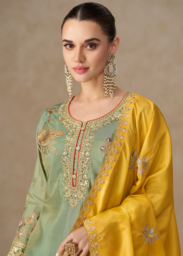 Buy Now Premium Shimmer Silk Lovely Green Palazzo Suit Online in New York, Los Angeles, San Jose, Chicago, Houston, Fremont, Dubai, Utah & Worldwide at Empress.