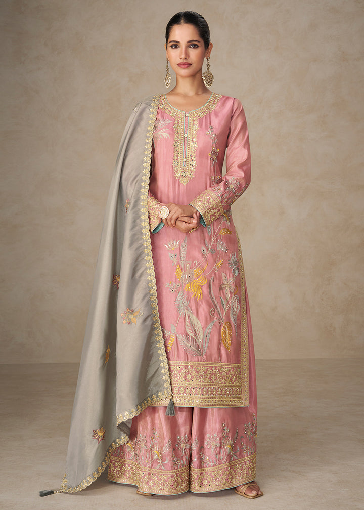 Buy Now Premium Shimmer Silk Lovely Pink Palazzo Suit Online in New York, Los Angeles, San Jose, Chicago, Houston, Fremont, Dubai, Utah & Worldwide at Empress.