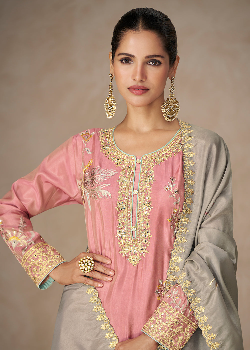Buy Now Premium Shimmer Silk Lovely Pink Palazzo Suit Online in New York, Los Angeles, San Jose, Chicago, Houston, Fremont, Dubai, Utah & Worldwide at Empress.