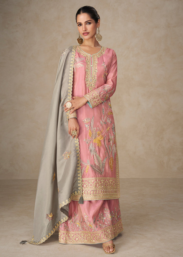 Buy Now Premium Shimmer Silk Lovely Pink Palazzo Suit Online in New York, Los Angeles, San Jose, Chicago, Houston, Fremont, Dubai, Utah & Worldwide at Empress.