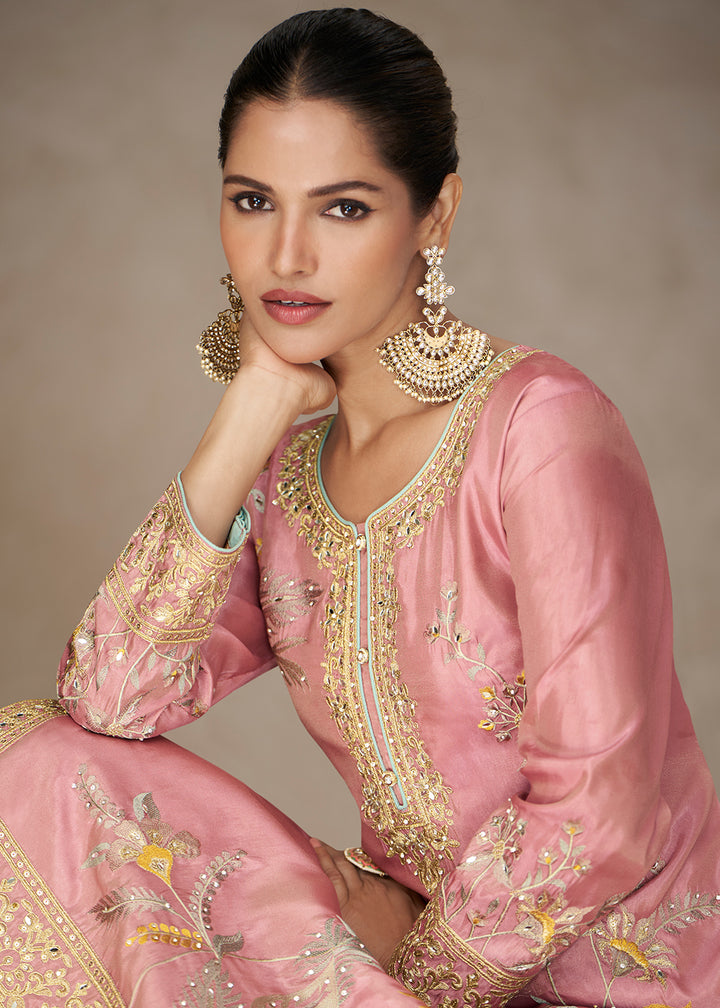 Buy Now Premium Shimmer Silk Lovely Pink Palazzo Suit Online in New York, Los Angeles, San Jose, Chicago, Houston, Fremont, Dubai, Utah & Worldwide at Empress.