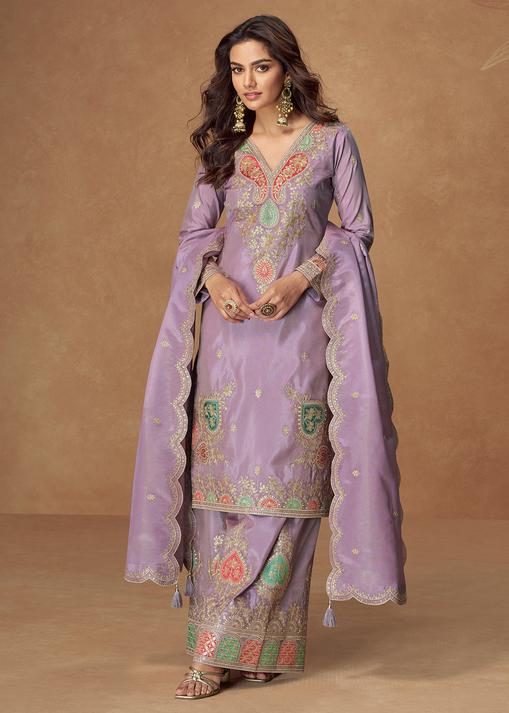 Buy Now Shimmer Silk Lavender Festive Palazzo Style Suit Suit Online in USA, UK, Canada, Germany, Italy, France, Austria, UAE & Worldwide at Empress Clothing.
