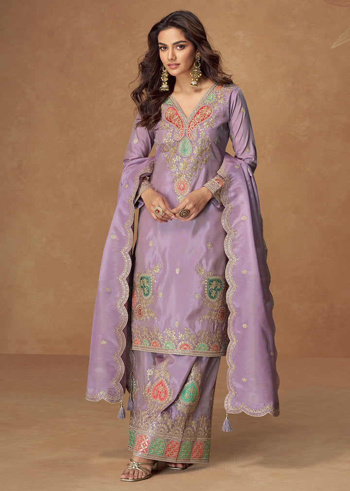 Buy Now Shimmer Silk Lavender Festive Palazzo Style Suit Suit Online in USA, UK, Canada, Germany, Italy, France, Austria, UAE & Worldwide at Empress Clothing.