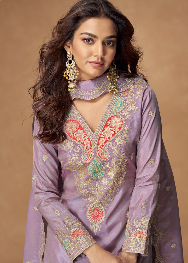 Buy Now Shimmer Silk Lavender Festive Palazzo Style Suit Suit Online in USA, UK, Canada, Germany, Italy, France, Austria, UAE & Worldwide at Empress Clothing.