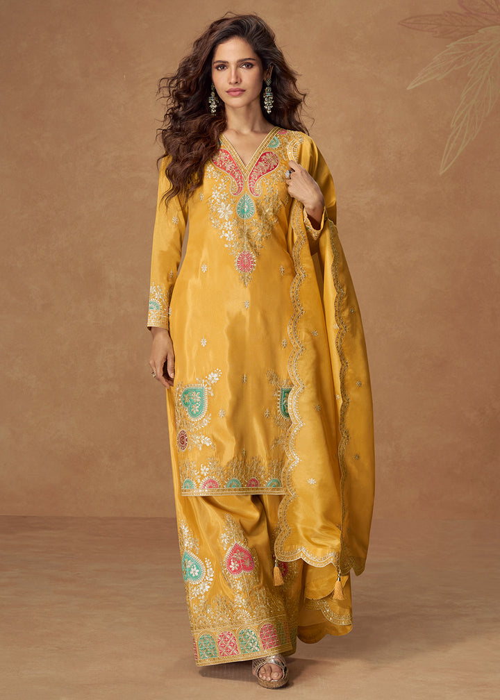 Buy Now Shimmer Silk Yellow Festive Palazzo Style Suit Suit Online in USA, UK, Canada, Germany, Italy, France, Austria, UAE & Worldwide at Empress Clothing.