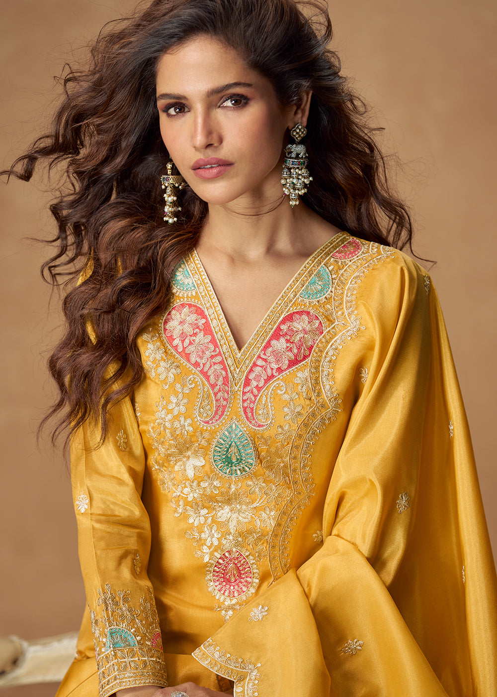 Buy Now Shimmer Silk Yellow Festive Palazzo Style Suit Suit Online in USA, UK, Canada, Germany, Italy, France, Austria, UAE & Worldwide at Empress Clothing.