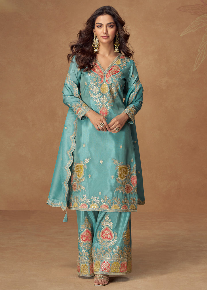 Buy Now Shimmer Silk Blue Festive Palazzo Style Suit Suit Online in USA, UK, Canada, Germany, Italy, France, Austria, UAE & Worldwide at Empress Clothing.