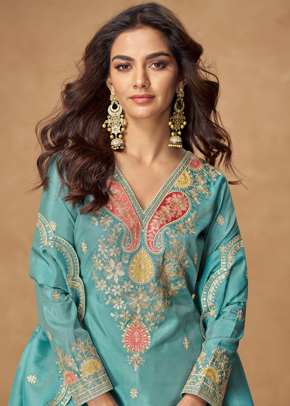 Buy Now Shimmer Silk Blue Festive Palazzo Style Suit Suit Online in USA, UK, Canada, Germany, Italy, France, Austria, UAE & Worldwide at Empress Clothing.