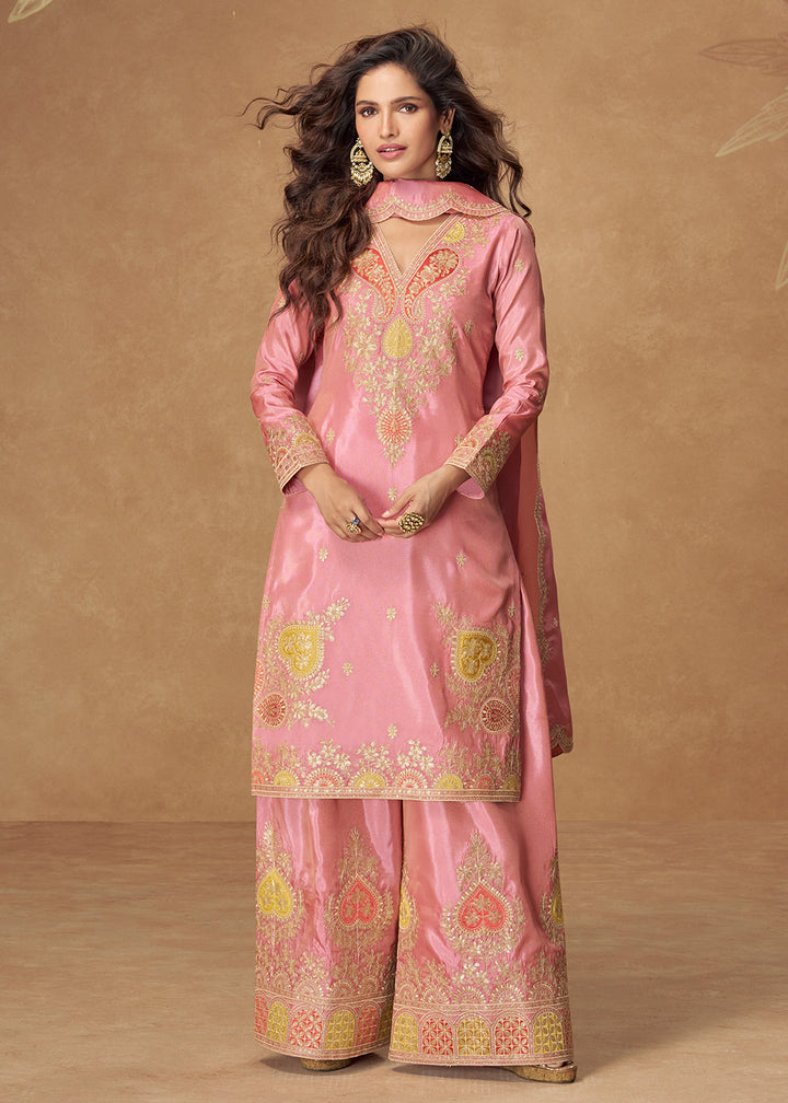 Buy Now Shimmer Silk Pink Festive Palazzo Style Suit Suit Online in USA, UK, Canada, Germany, Italy, France, Austria, UAE & Worldwide at Empress Clothing.