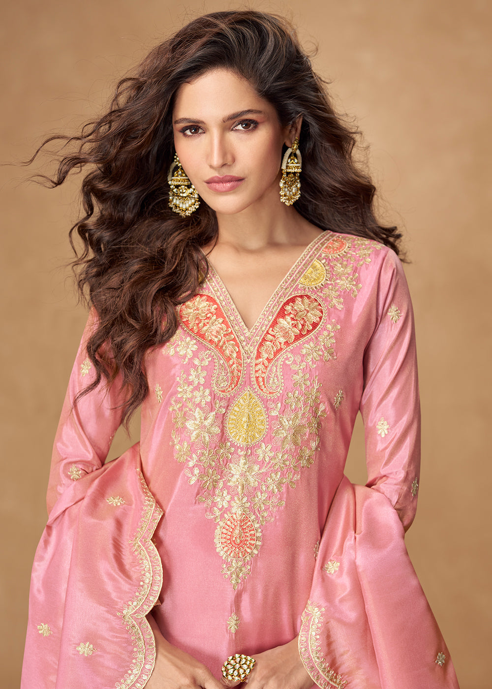 Buy Now Shimmer Silk Pink Festive Palazzo Style Suit Suit Online in USA, UK, Canada, Germany, Italy, France, Austria, UAE & Worldwide at Empress Clothing.