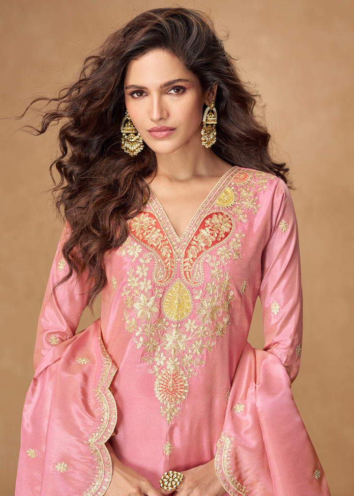 Buy Now Shimmer Silk Pink Festive Palazzo Style Suit Suit Online in USA, UK, Canada, Germany, Italy, France, Austria, UAE & Worldwide at Empress Clothing.