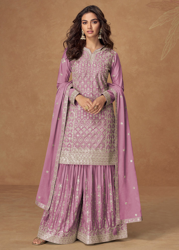 Buy Now Purple Zari Embroidered Wedding Wear Palazzo Suit Online in USA, UK, Canada, Germany, Italy, France, Denmark, UAE & Worldwide at Empress Clothing.