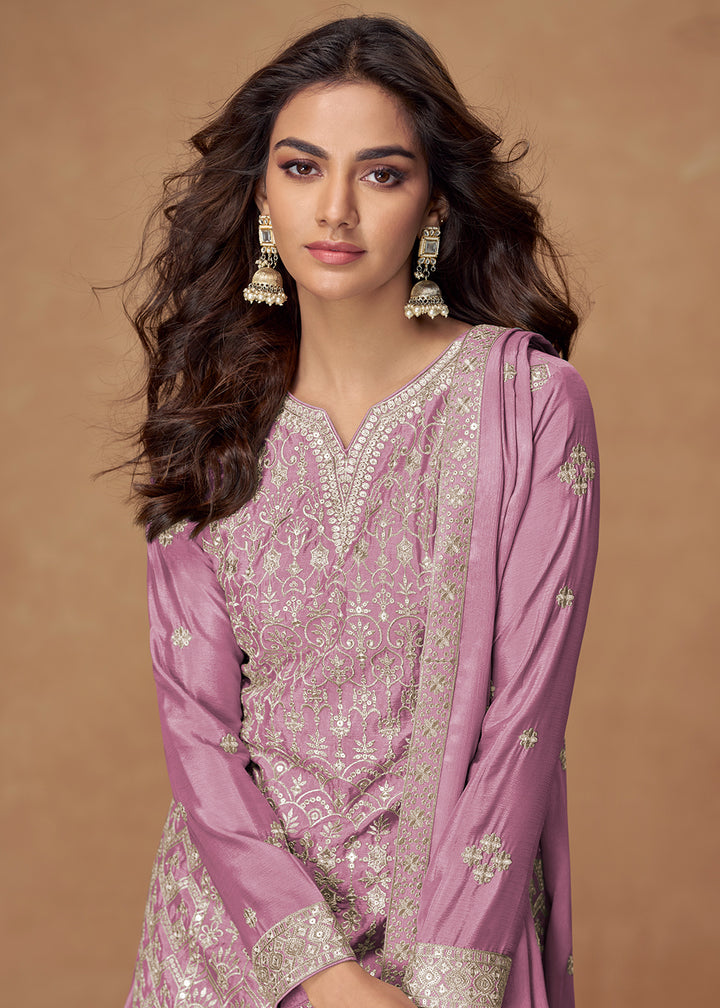 Buy Now Purple Zari Embroidered Wedding Wear Palazzo Suit Online in USA, UK, Canada, Germany, Italy, France, Denmark, UAE & Worldwide at Empress Clothing.
