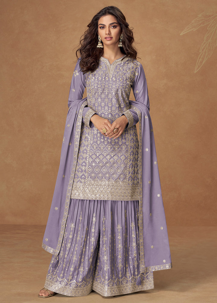 Buy Now Lavender Zari Embroidered Wedding Wear Palazzo Suit Online in USA, UK, Canada, Germany, Italy, France, Denmark, UAE & Worldwide at Empress Clothing.