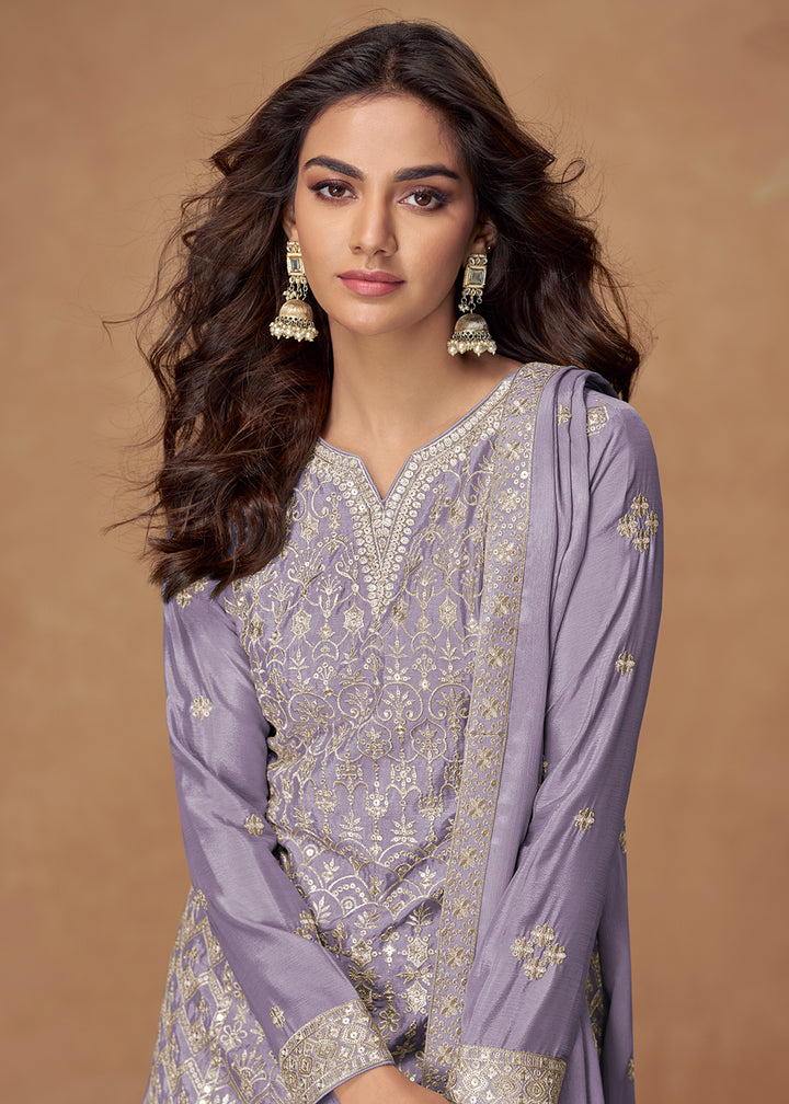 Buy Now Lavender Zari Embroidered Wedding Wear Palazzo Suit Online in USA, UK, Canada, Germany, Italy, France, Denmark, UAE & Worldwide at Empress Clothing.