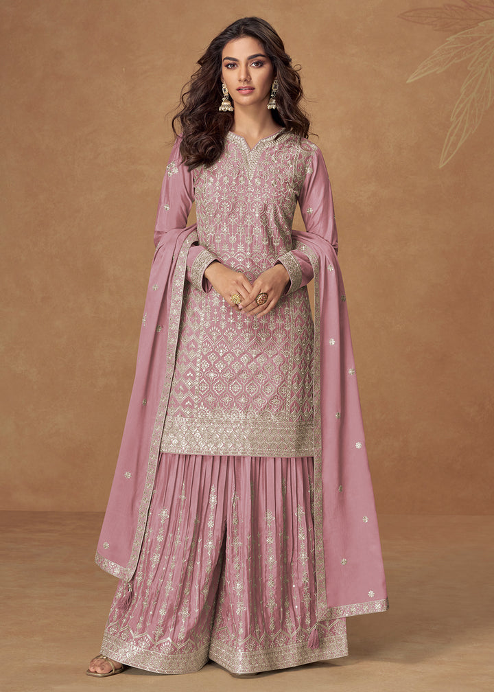 Buy Now Pink Zari Embroidered Wedding Wear Palazzo Suit Online in USA, UK, Canada, Germany, Italy, France, Denmark, UAE, Kuwait & Worldwide at Empress Clothing.