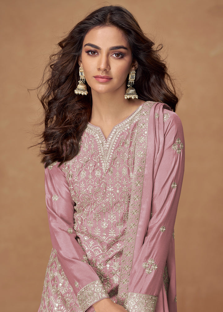 Buy Now Pink Zari Embroidered Wedding Wear Palazzo Suit Online in USA, UK, Canada, Germany, Italy, France, Denmark, UAE, Kuwait & Worldwide at Empress Clothing.