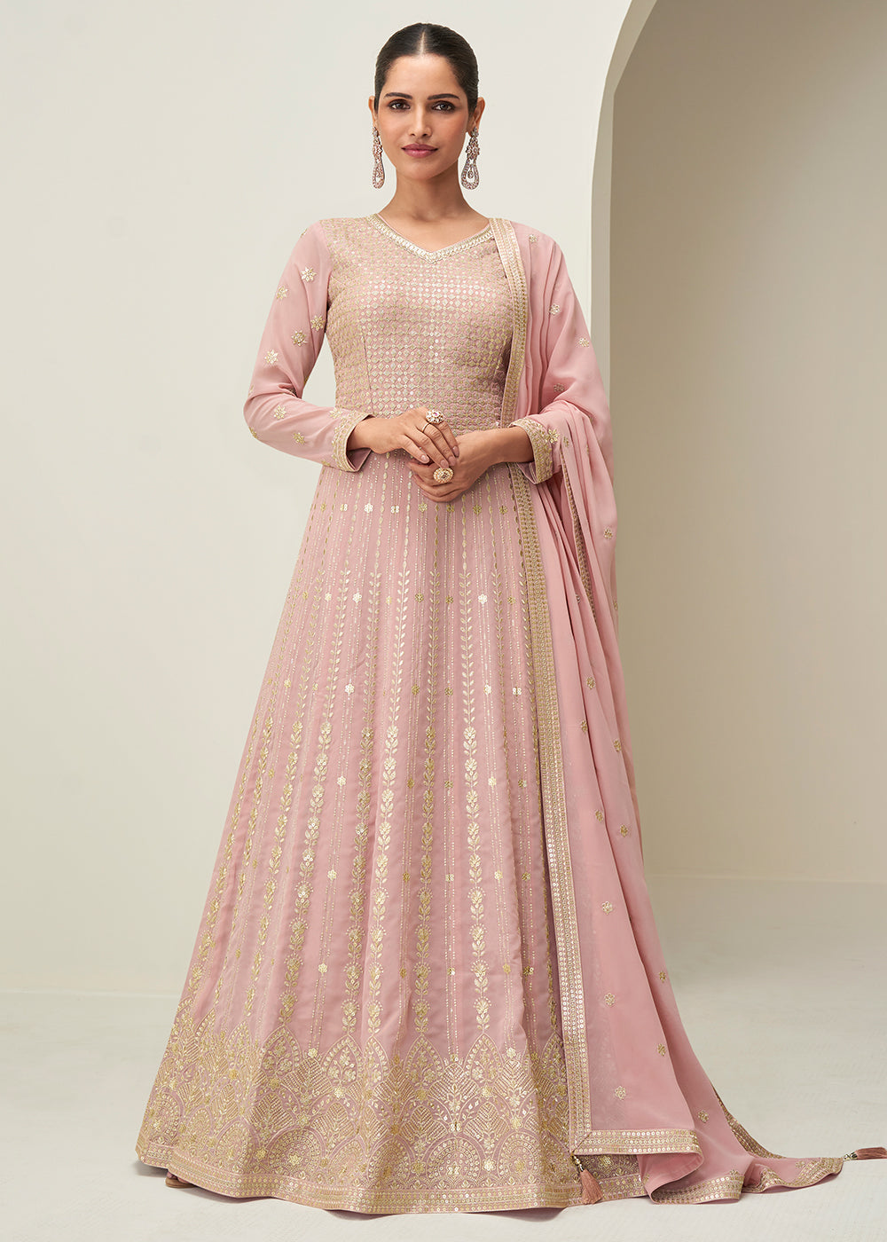 Buy Now Pastel Pink Embroidered Elegant Wedding Anarkali Suit Online in US, UK, Germany, France, Italy, Canada, Australia, UAE, Maldives & Worldwide at Empress.