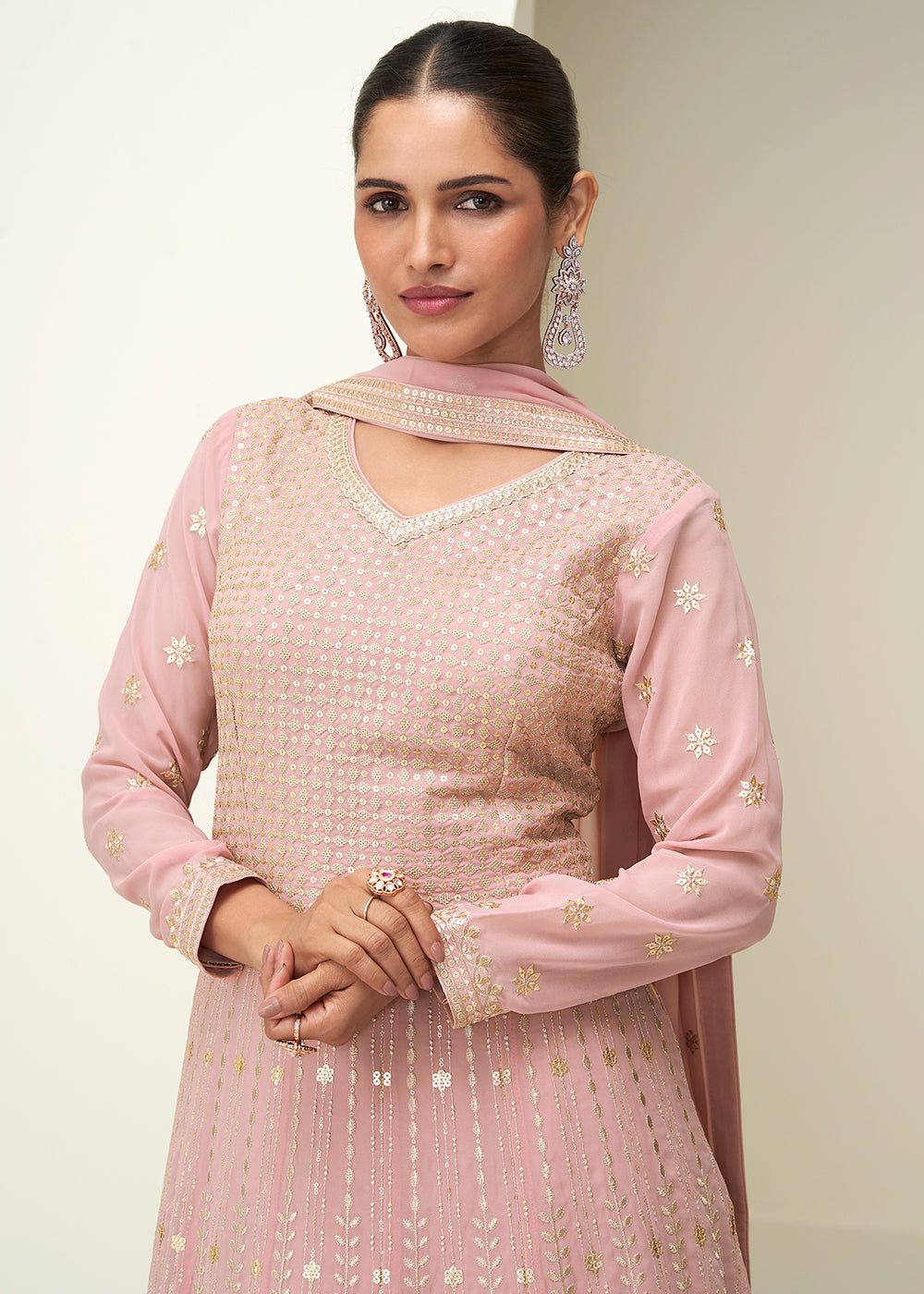 Buy Now Pastel Pink Embroidered Elegant Wedding Anarkali Suit Online in US, UK, Germany, France, Italy, Canada, Australia, UAE, Maldives & Worldwide at Empress.