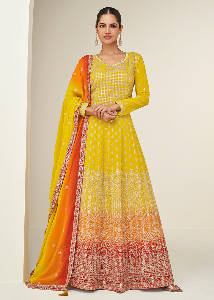 Buy Now Multi Yellow Embroidered Elegant Wedding Anarkali Suit Online in US, UK, Germany, France, Italy, Canada, Australia, UAE, Maldives & Worldwide at Empress.