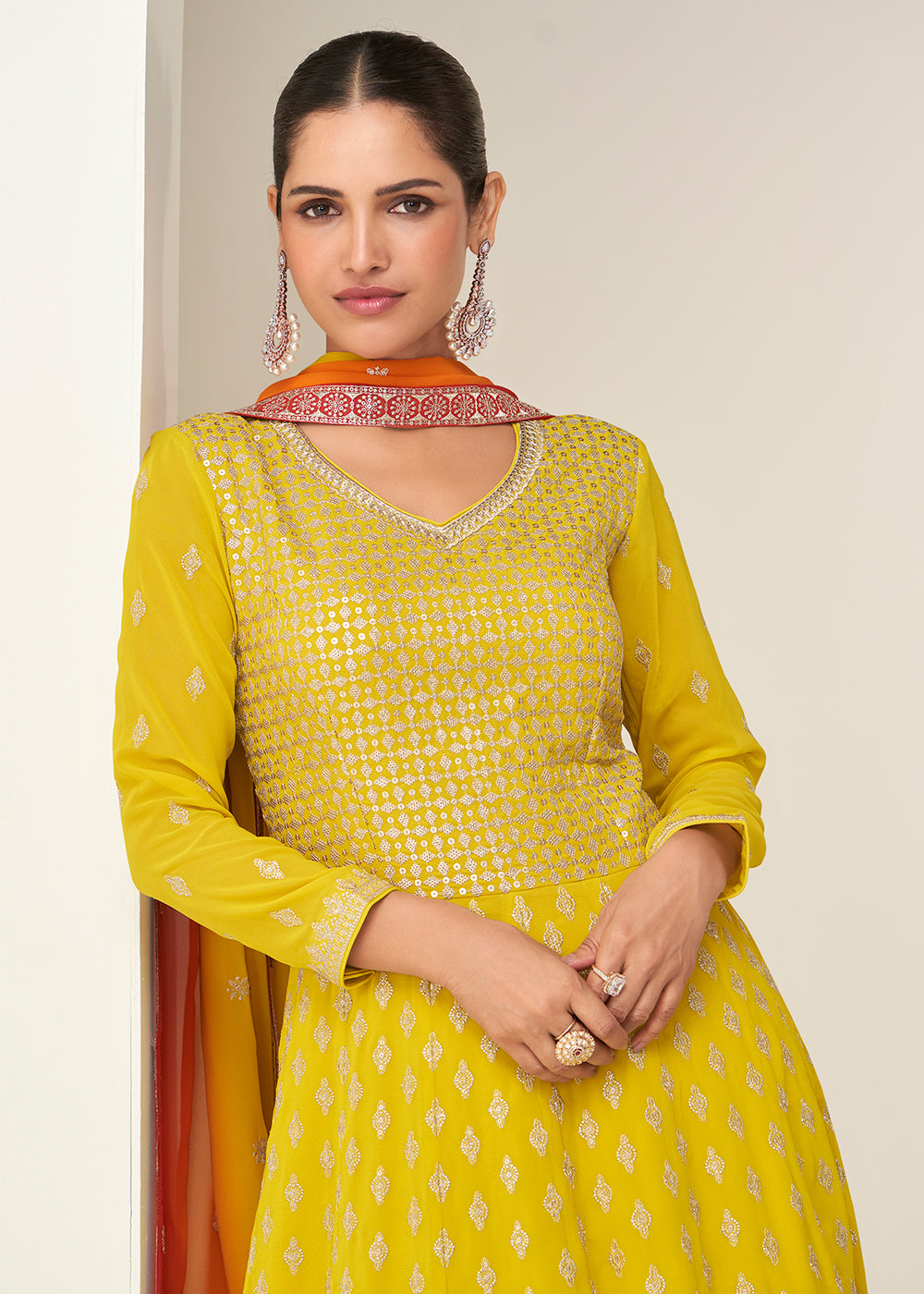 Buy Now Multi Yellow Embroidered Elegant Wedding Anarkali Suit Online in US, UK, Germany, France, Italy, Canada, Australia, UAE, Maldives & Worldwide at Empress.