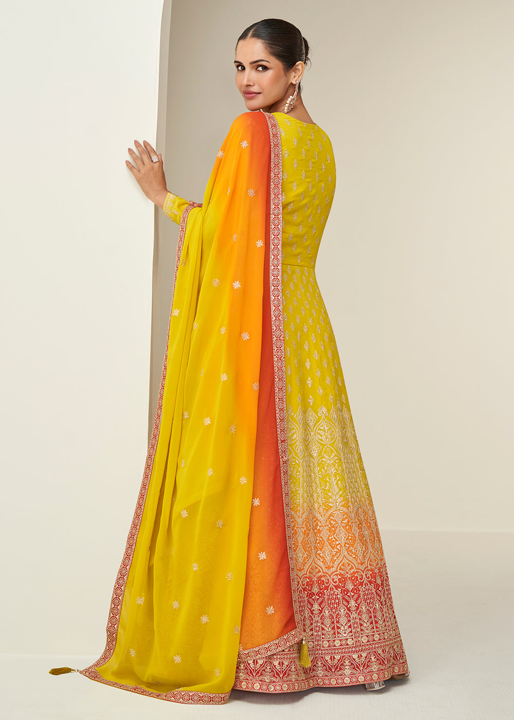 Buy Now Multi Yellow Embroidered Elegant Wedding Anarkali Suit Online in US, UK, Germany, France, Italy, Canada, Australia, UAE, Maldives & Worldwide at Empress.