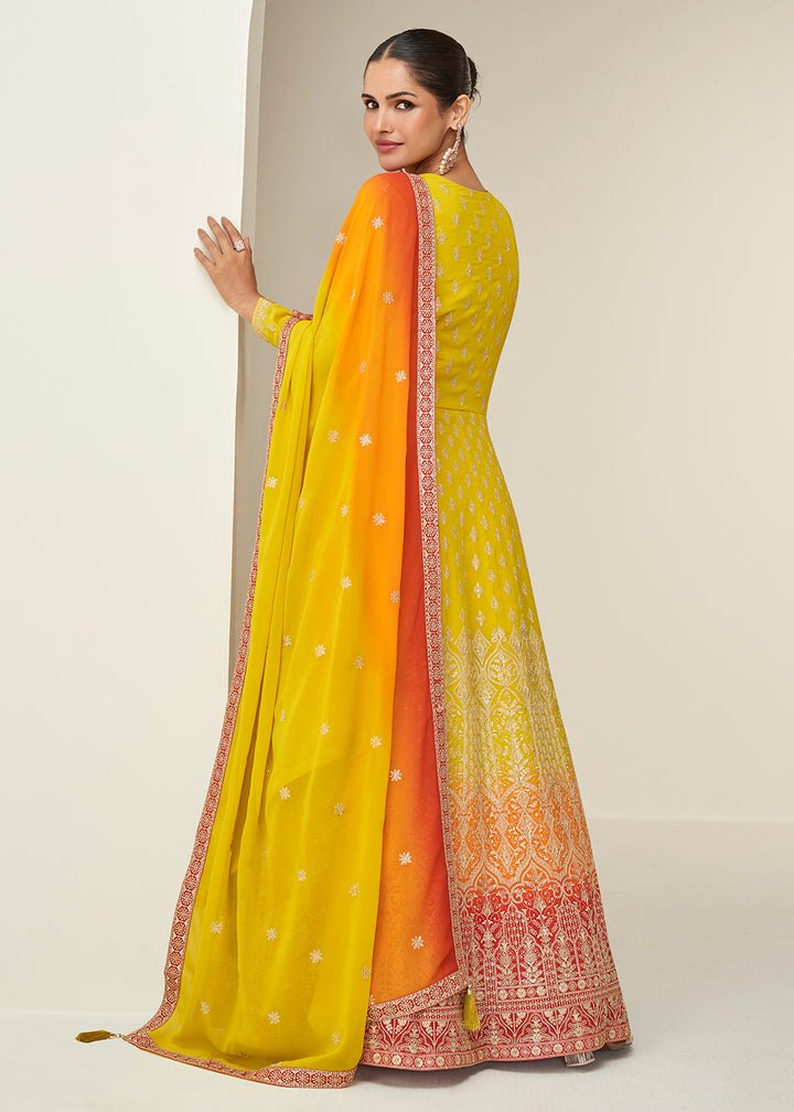 Buy Now Multi Yellow Embroidered Elegant Wedding Anarkali Suit Online in US, UK, Germany, France, Italy, Canada, Australia, UAE, Maldives & Worldwide at Empress.