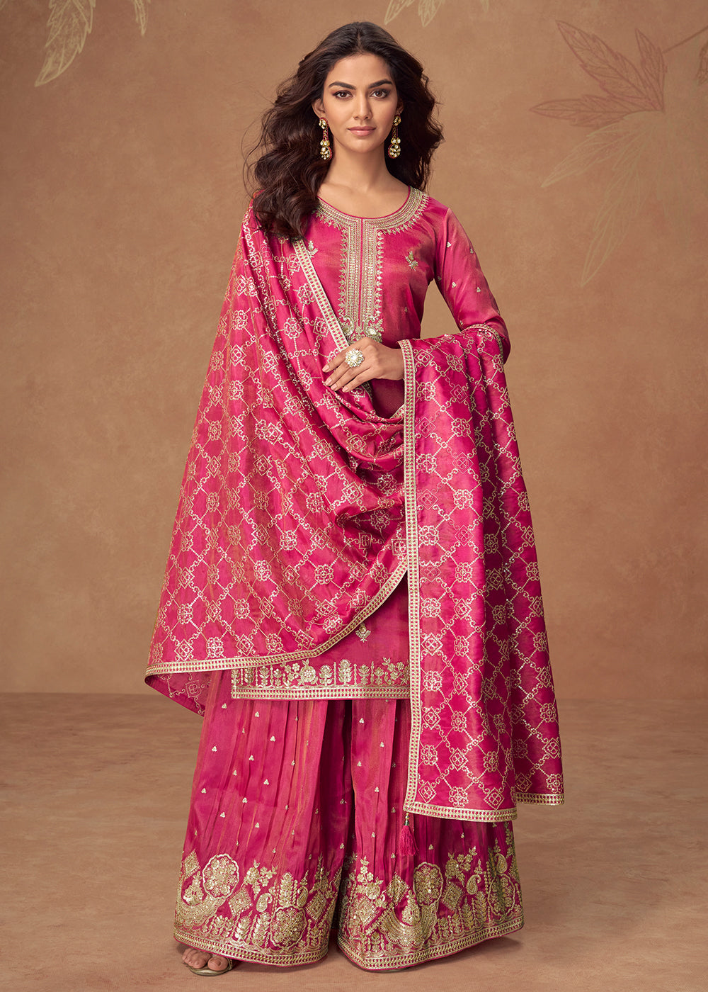 Buy Now Pink Premium Shimmer Silk Palazzo Style Suit Suit Online in US, UK, Canada, Germany, Italy, France, Austria, Denmark, Australia & Worldwide at Empress.