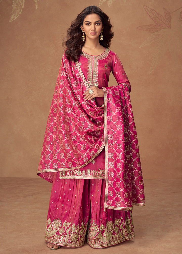 Buy Now Pink Premium Shimmer Silk Palazzo Style Suit Suit Online in US, UK, Canada, Germany, Italy, France, Austria, Denmark, Australia & Worldwide at Empress.