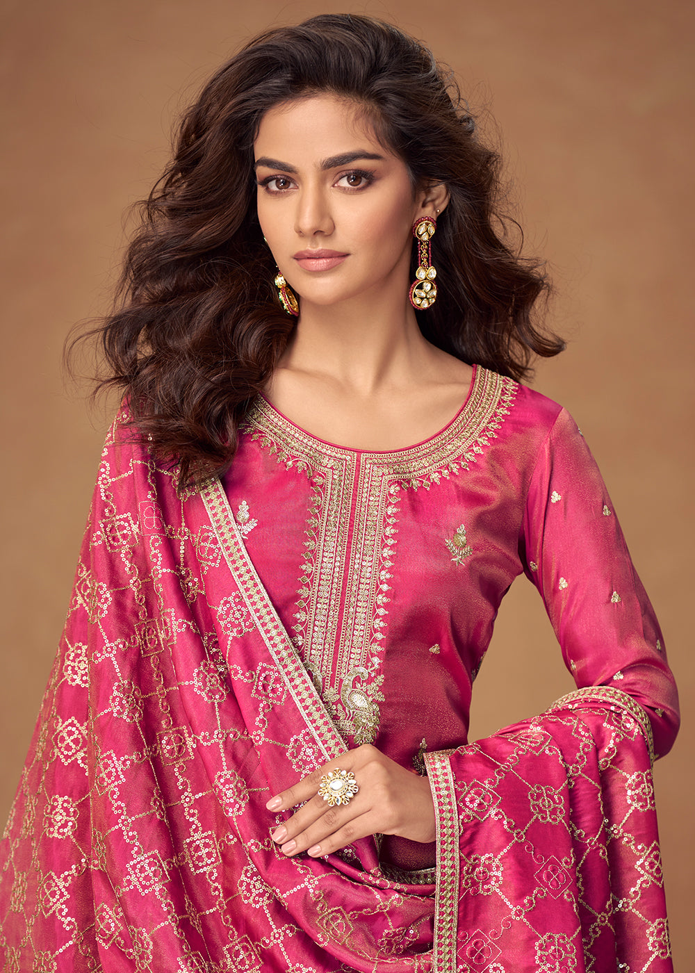 Buy Now Pink Premium Shimmer Silk Palazzo Style Suit Suit Online in US, UK, Canada, Germany, Italy, France, Austria, Denmark, Australia & Worldwide at Empress.
