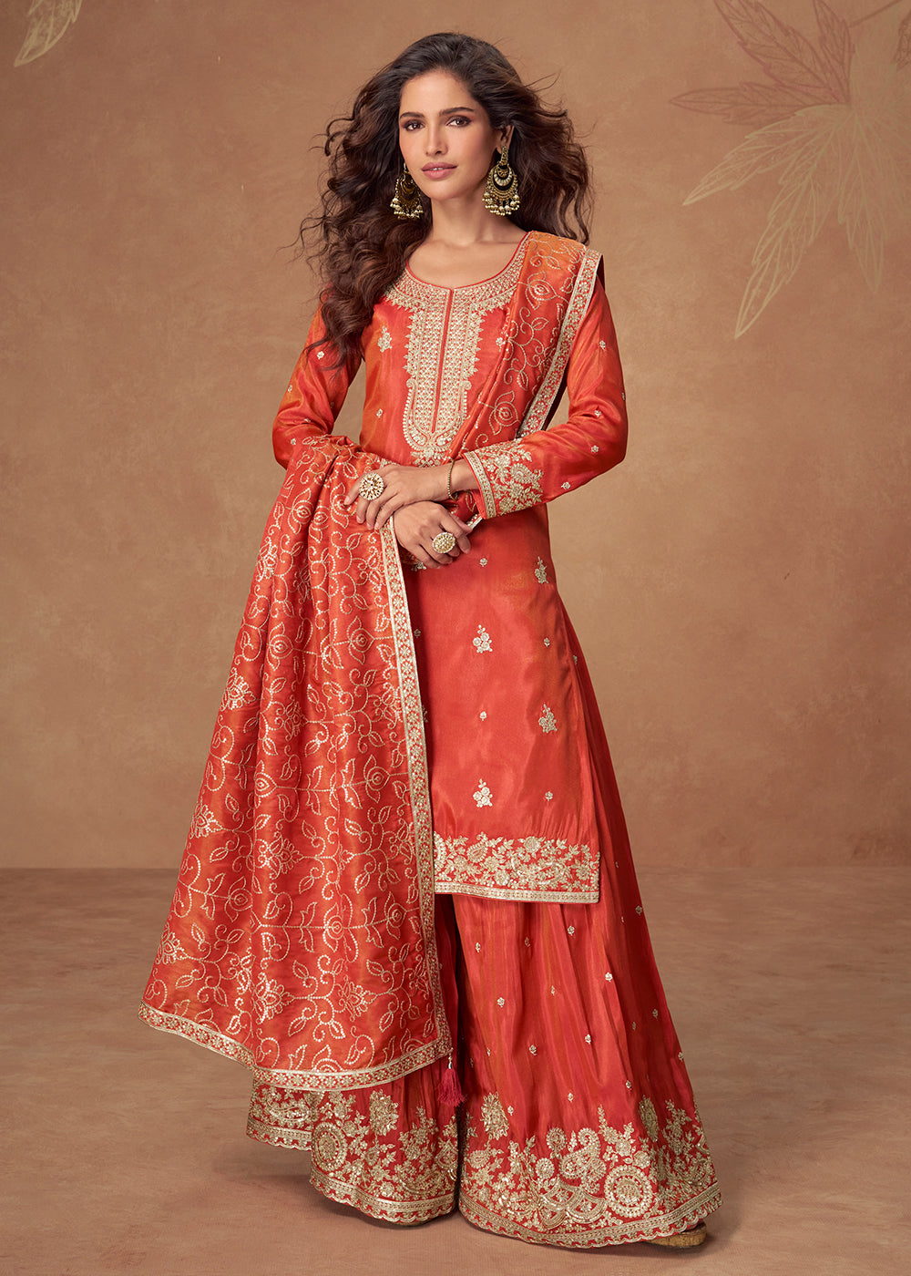 Buy Now Orange Premium Shimmer Silk Palazzo Style Suit Suit Online in US, UK, Canada, Germany, Italy, France, Austria, Denmark, Australia & Worldwide at Empress.
