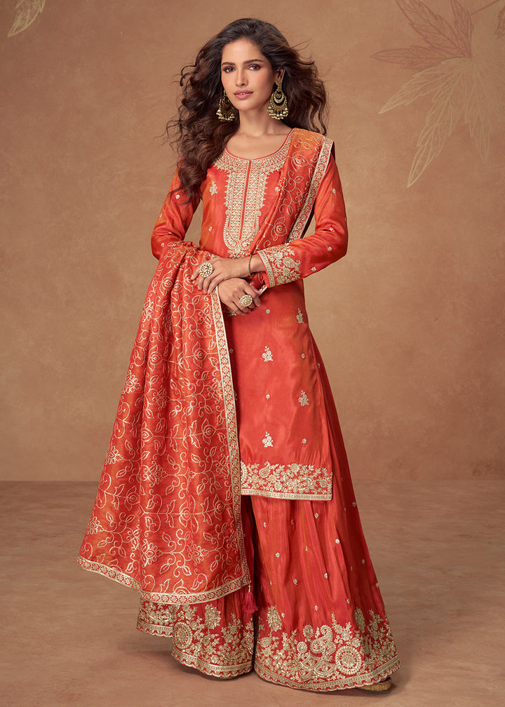Buy Now Orange Premium Shimmer Silk Palazzo Style Suit Suit Online in US, UK, Canada, Germany, Italy, France, Austria, Denmark, Australia & Worldwide at Empress.