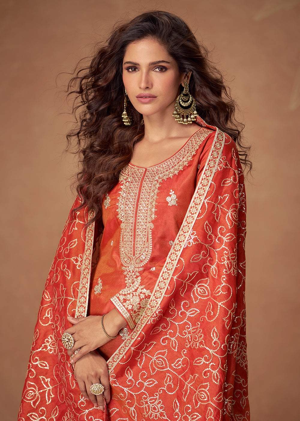 Buy Now Orange Premium Shimmer Silk Palazzo Style Suit Suit Online in US, UK, Canada, Germany, Italy, France, Austria, Denmark, Australia & Worldwide at Empress.