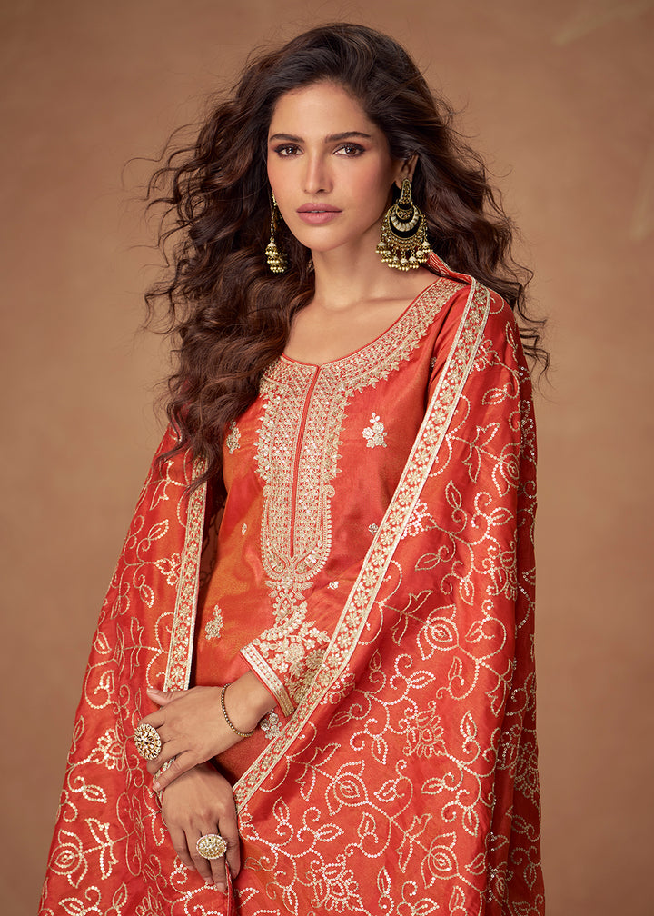 Buy Now Orange Premium Shimmer Silk Palazzo Style Suit Suit Online in US, UK, Canada, Germany, Italy, France, Austria, Denmark, Australia & Worldwide at Empress.