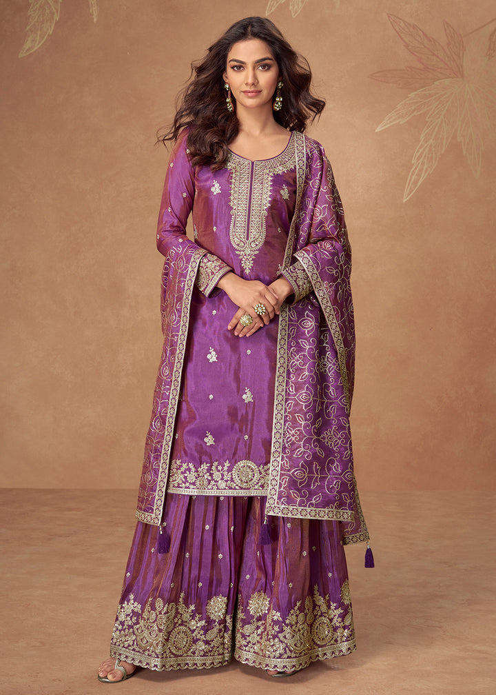 Buy Now Purple Premium Shimmer Silk Palazzo Style Suit Suit Online in US, UK, Canada, Germany, Italy, France, Austria, Denmark, Australia & Worldwide at Empress
