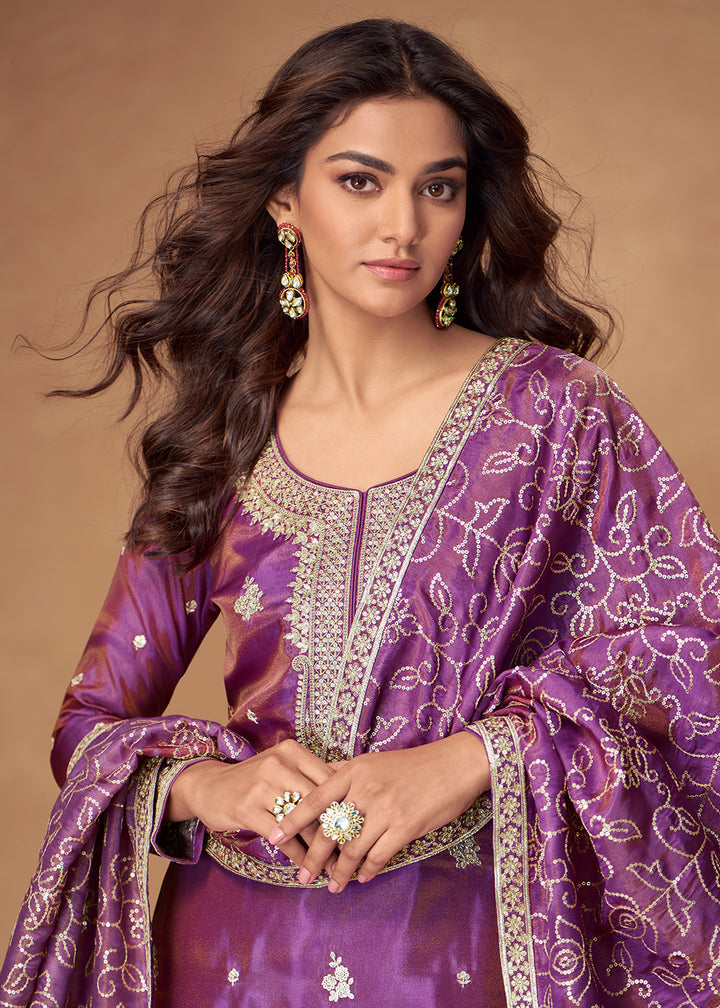 Buy Now Purple Premium Shimmer Silk Palazzo Style Suit Suit Online in US, UK, Canada, Germany, Italy, France, Austria, Denmark, Australia & Worldwide at Empress