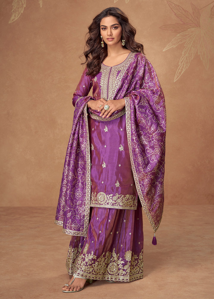 Buy Now Purple Premium Shimmer Silk Palazzo Style Suit Suit Online in US, UK, Canada, Germany, Italy, France, Austria, Denmark, Australia & Worldwide at Empress