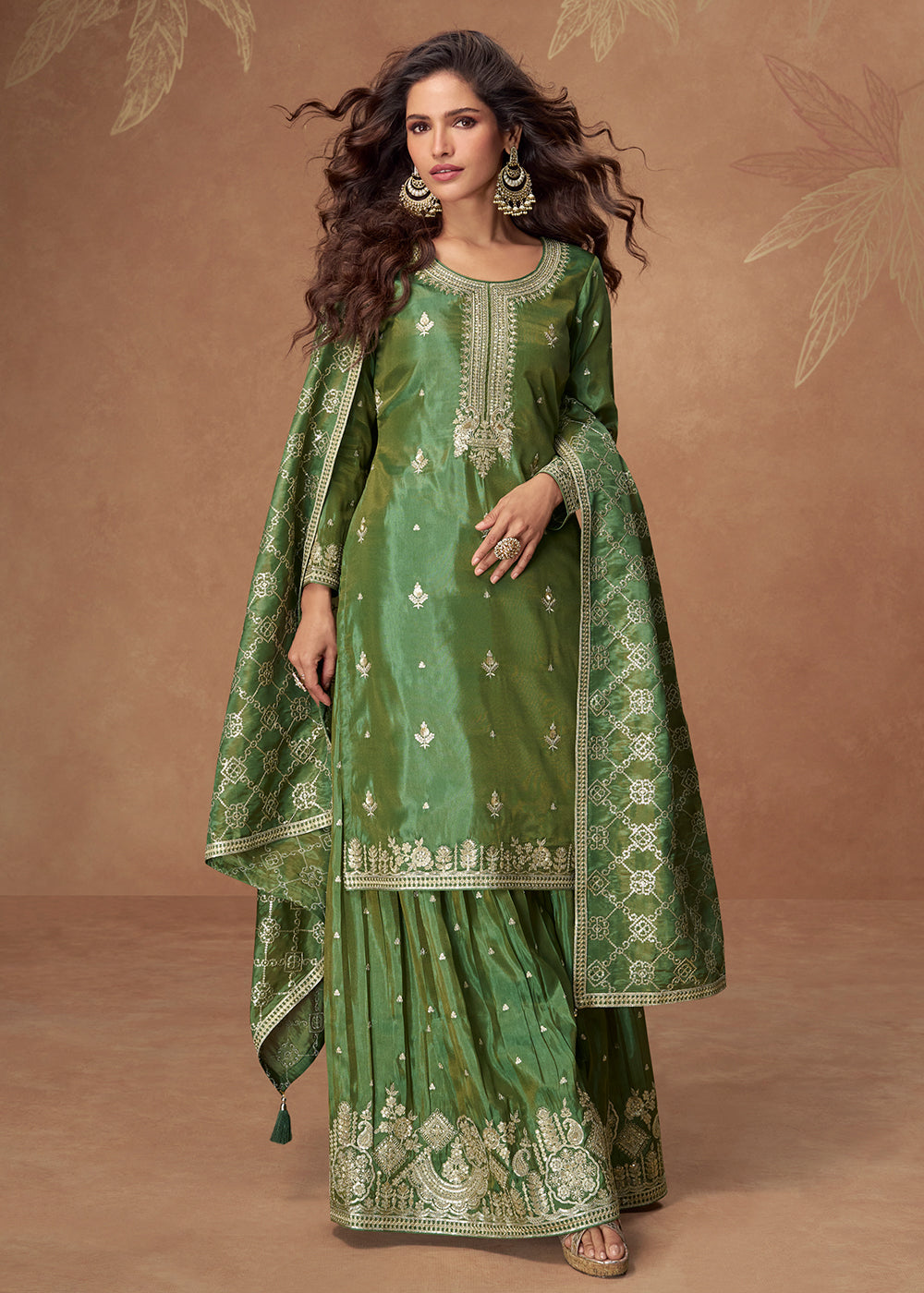 Buy Now Green Premium Shimmer Silk Palazzo Style Suit Suit Online in US, UK, Canada, Germany, Italy, France, Austria, Denmark, Australia & Worldwide at Empress.