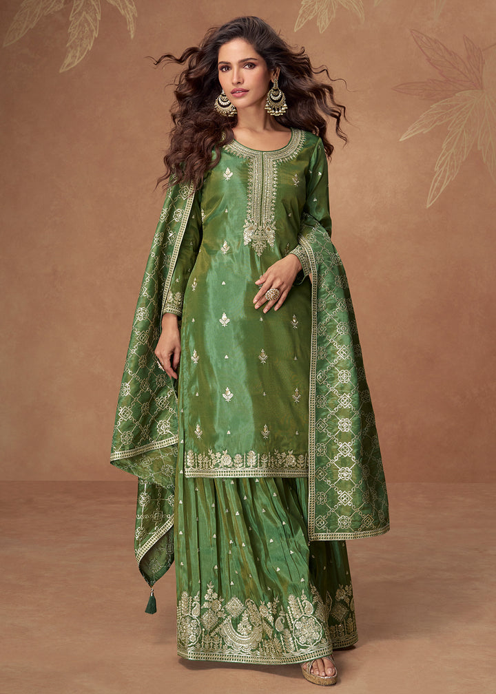 Buy Now Green Premium Shimmer Silk Palazzo Style Suit Suit Online in US, UK, Canada, Germany, Italy, France, Austria, Denmark, Australia & Worldwide at Empress.