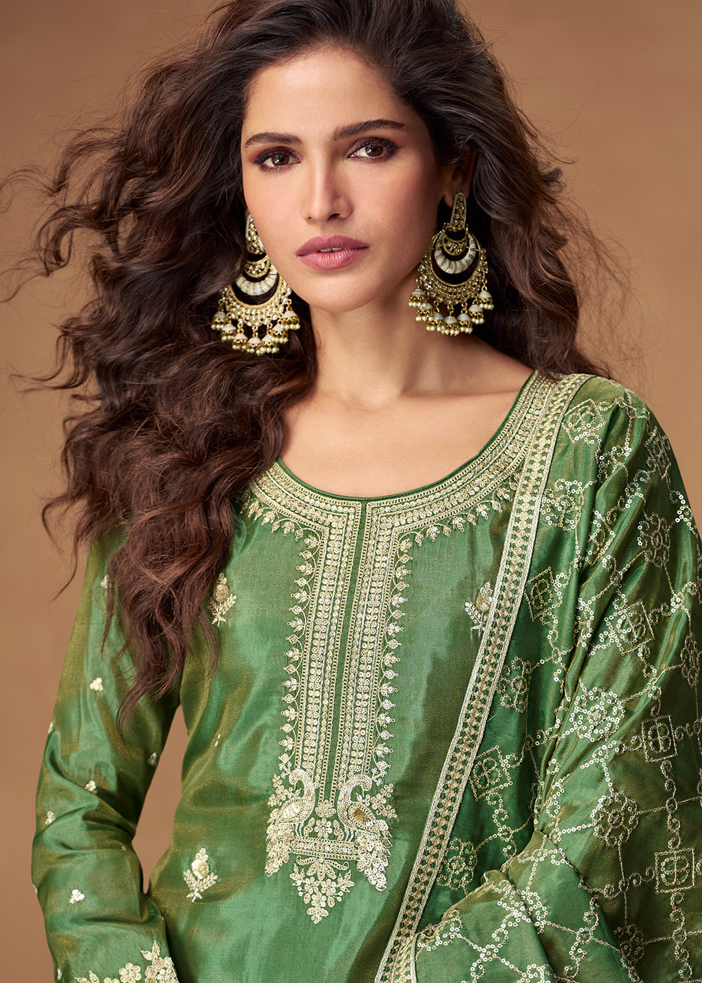 Buy Now Green Premium Shimmer Silk Palazzo Style Suit Suit Online in US, UK, Canada, Germany, Italy, France, Austria, Denmark, Australia & Worldwide at Empress.